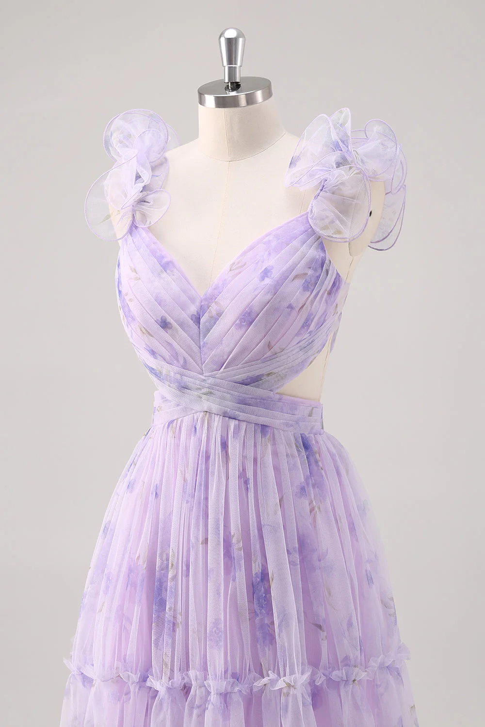 Lavender Flower A Line Cut Out Pleated Long Bridesmaid Dress - Image 6