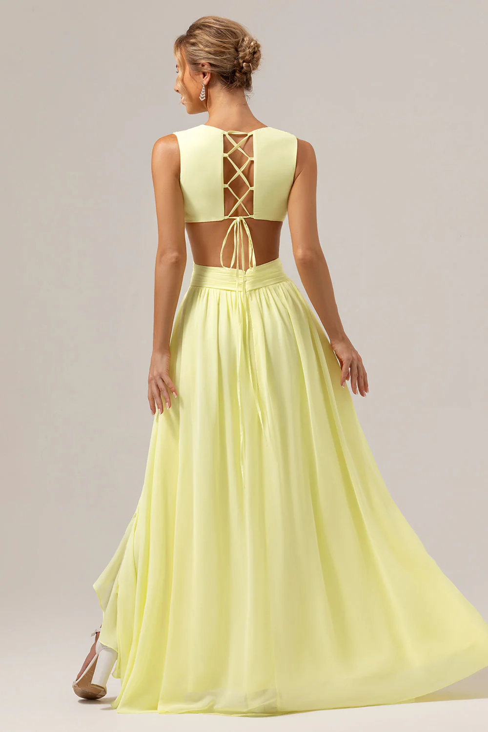 Lemon Yellow A Line Cut Out Lace Up Back Long Bridesmaid Dress with Ruffles - Image 2