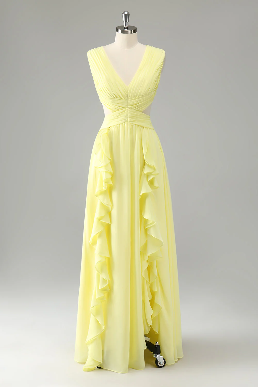 Lemon Yellow A Line Cut Out Lace Up Back Long Bridesmaid Dress with Ruffles - Image 3