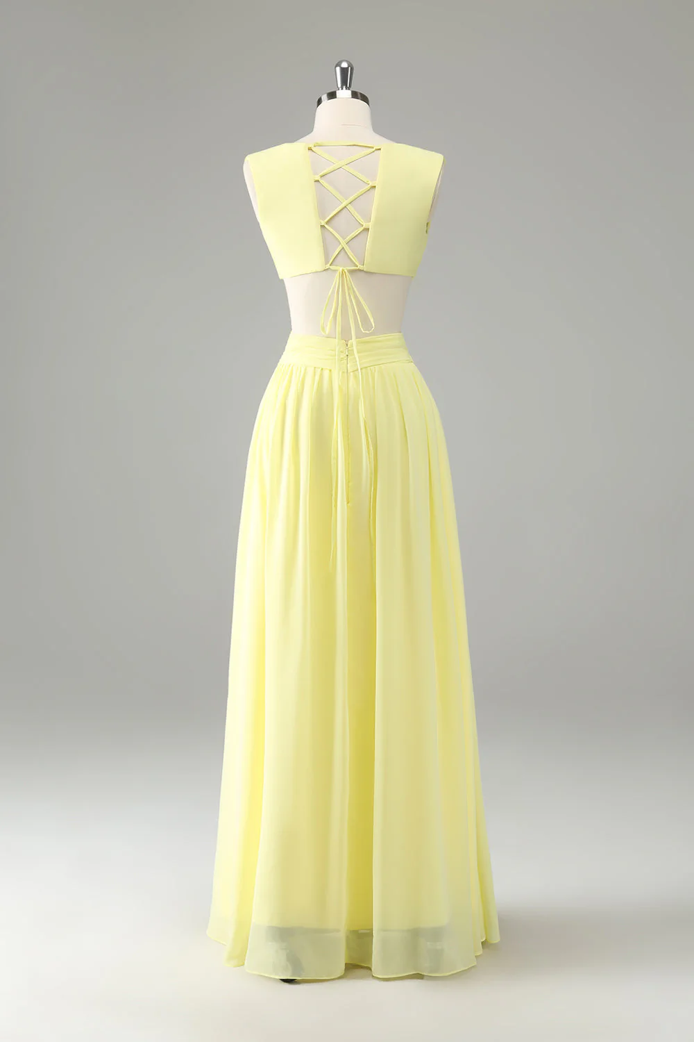 Lemon Yellow A Line Cut Out Lace Up Back Long Bridesmaid Dress with Ruffles - Image 4