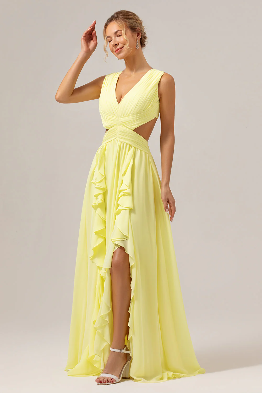 Lemon Yellow A Line Cut Out Lace Up Back Long Bridesmaid Dress with Ruffles - Image 5