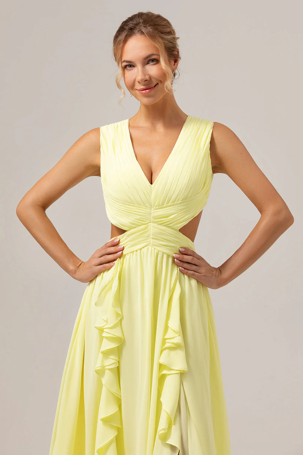 Lemon Yellow A Line Cut Out Lace Up Back Long Bridesmaid Dress with Ruffles - Image 6