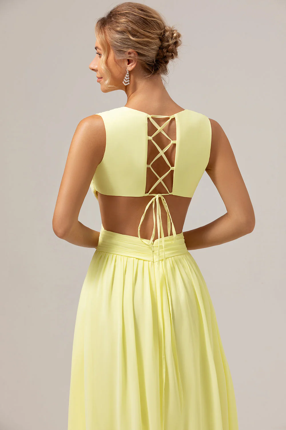 Lemon Yellow A Line Cut Out Lace Up Back Long Bridesmaid Dress with Ruffles - Image 7