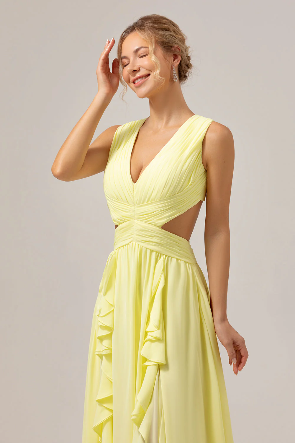 Lemon Yellow A Line Cut Out Lace Up Back Long Bridesmaid Dress with Ruffles - Image 8