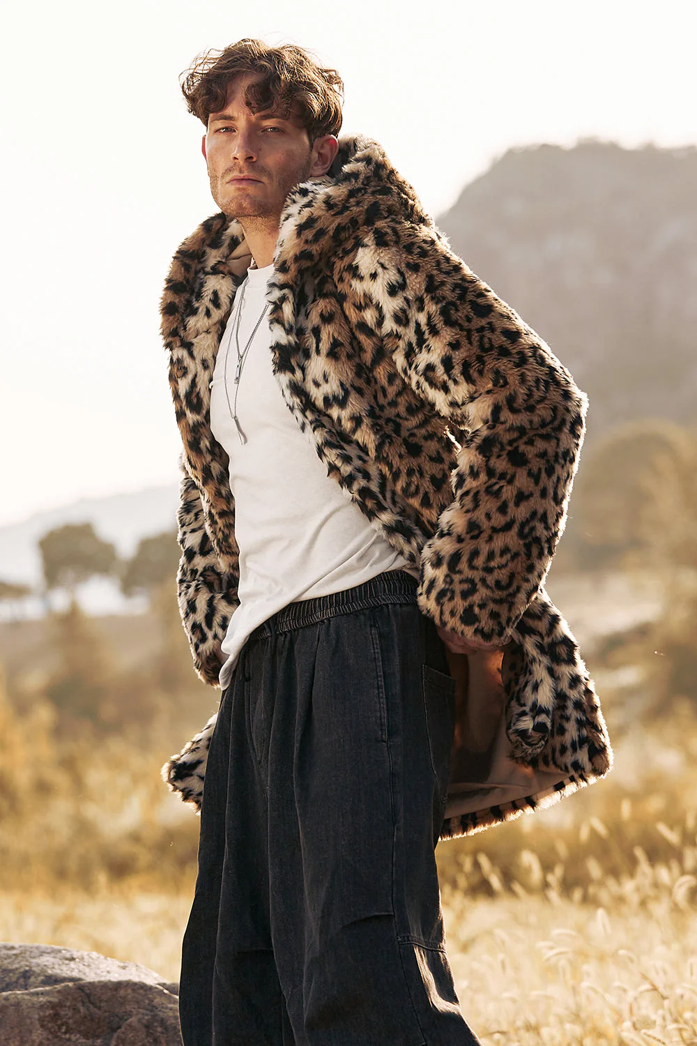 Leopard Mid-Length Faux Fur Winter Men's Coat - Image 7