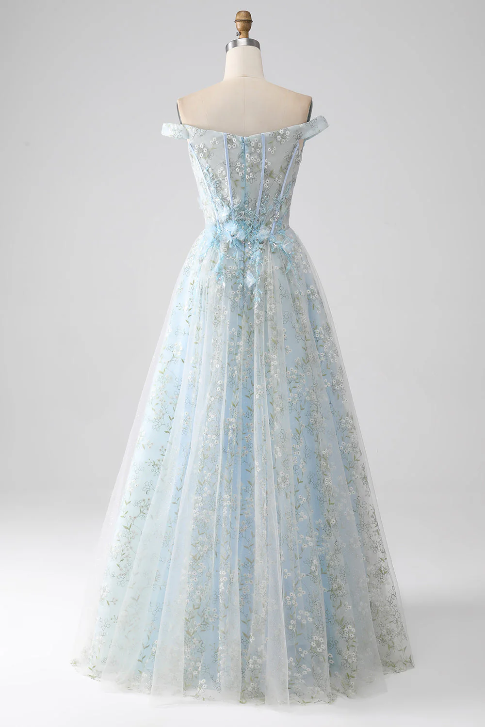 Light Blue A-Line Off the Shoulder Long Corset Prom Dress - Image 2