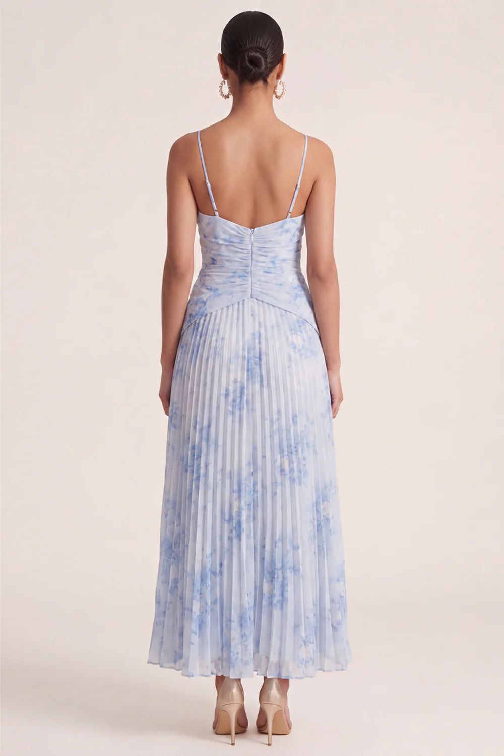 Light Blue A Line Pleated Spaghetti Straps Floral Dress - Image 2