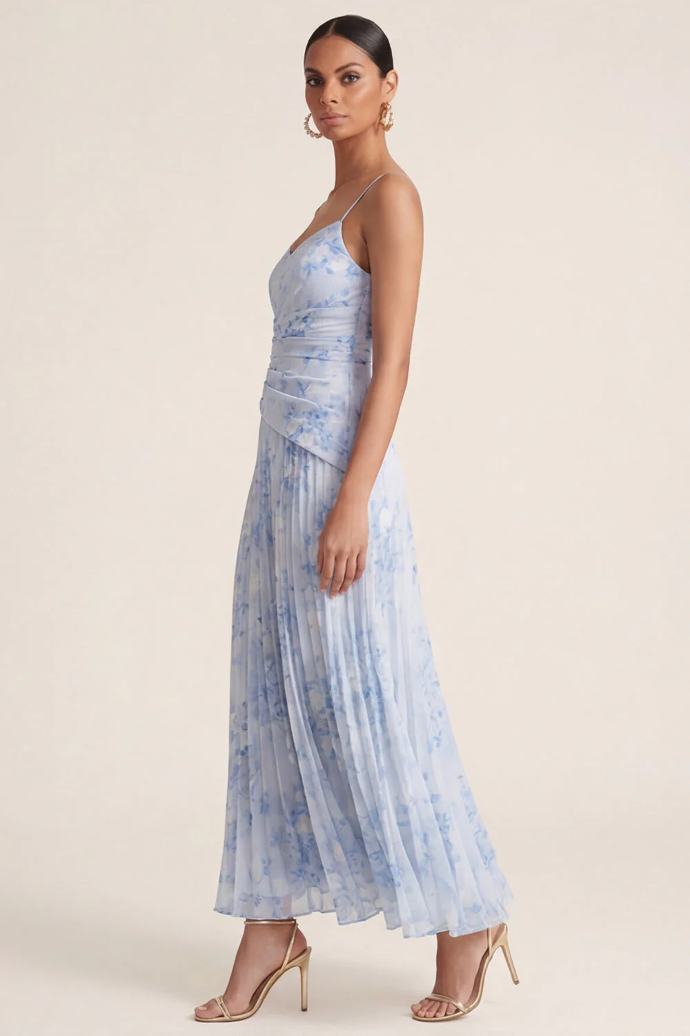 Light Blue A Line Pleated Spaghetti Straps Floral Dress - Image 3