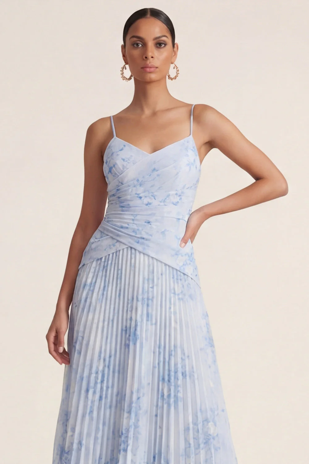 Light Blue A Line Pleated Spaghetti Straps Floral Dress - Image 4