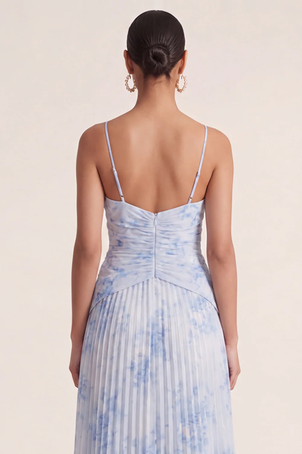 Light Blue A Line Pleated Spaghetti Straps Floral Dress - Image 5