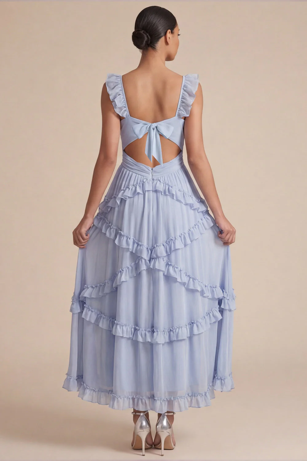 Light Blue A Line Ruffled Cut Out Maxi Dress - Image 2