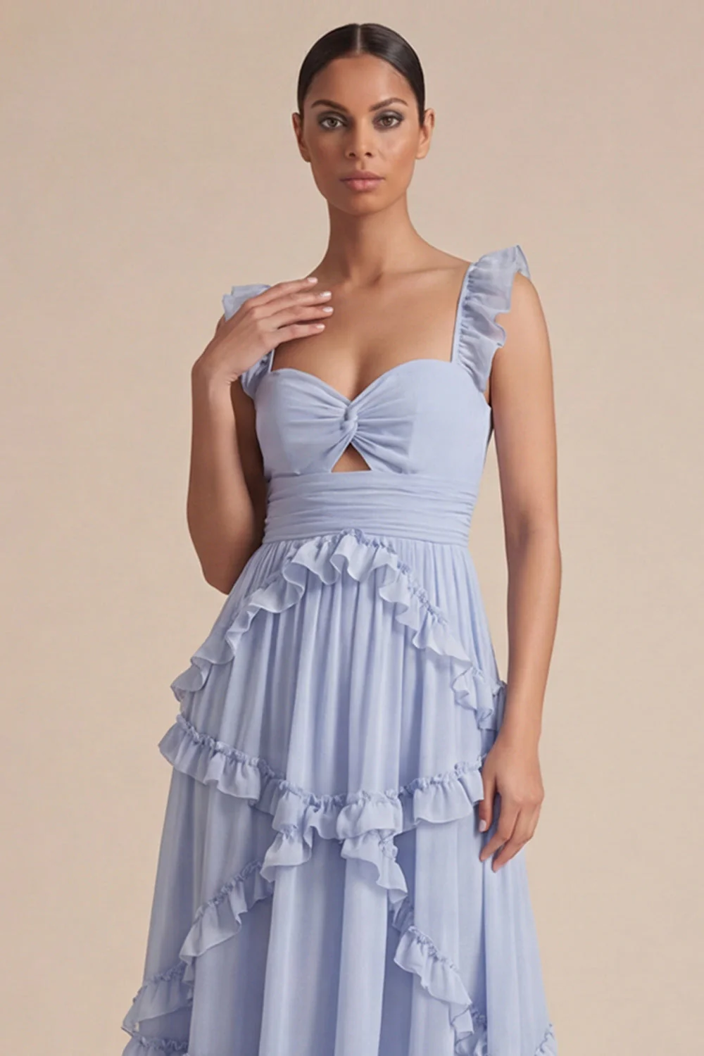 Light Blue A Line Ruffled Cut Out Maxi Dress - Image 3