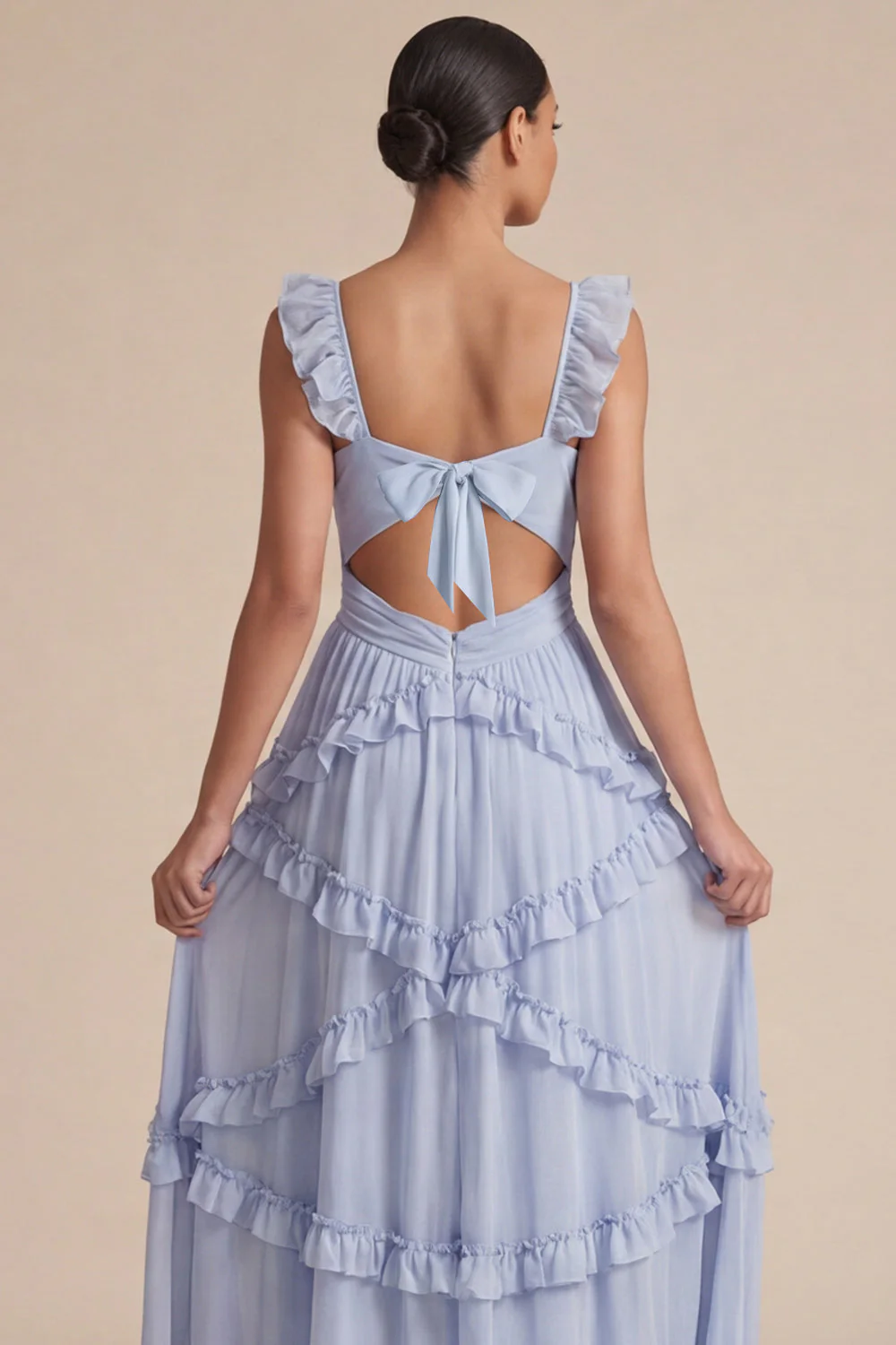 Light Blue A Line Ruffled Cut Out Maxi Dress - Image 4