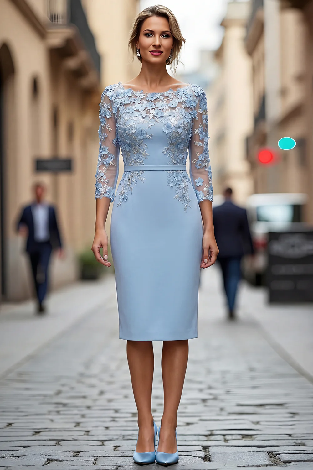 Light Blue Bateau Neck Bodycon Appliqued Midi Mother of the Bride Dress with 3/4 Sleeves