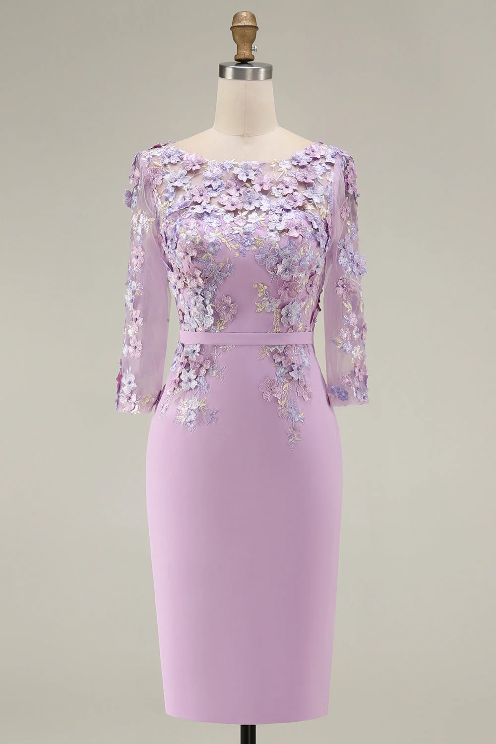 Light Blue Bateau Neck Bodycon Appliqued Midi Mother of the Bride Dress with 3/4 Sleeves - Image 11