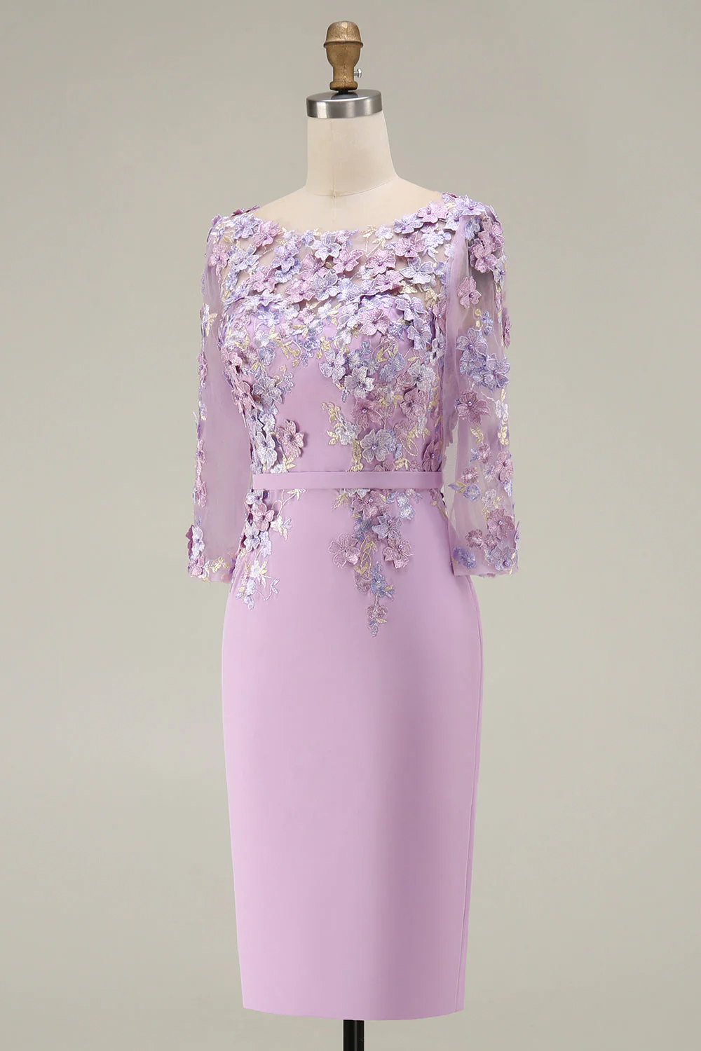 Light Blue Bateau Neck Bodycon Appliqued Midi Mother of the Bride Dress with 3/4 Sleeves - Image 13