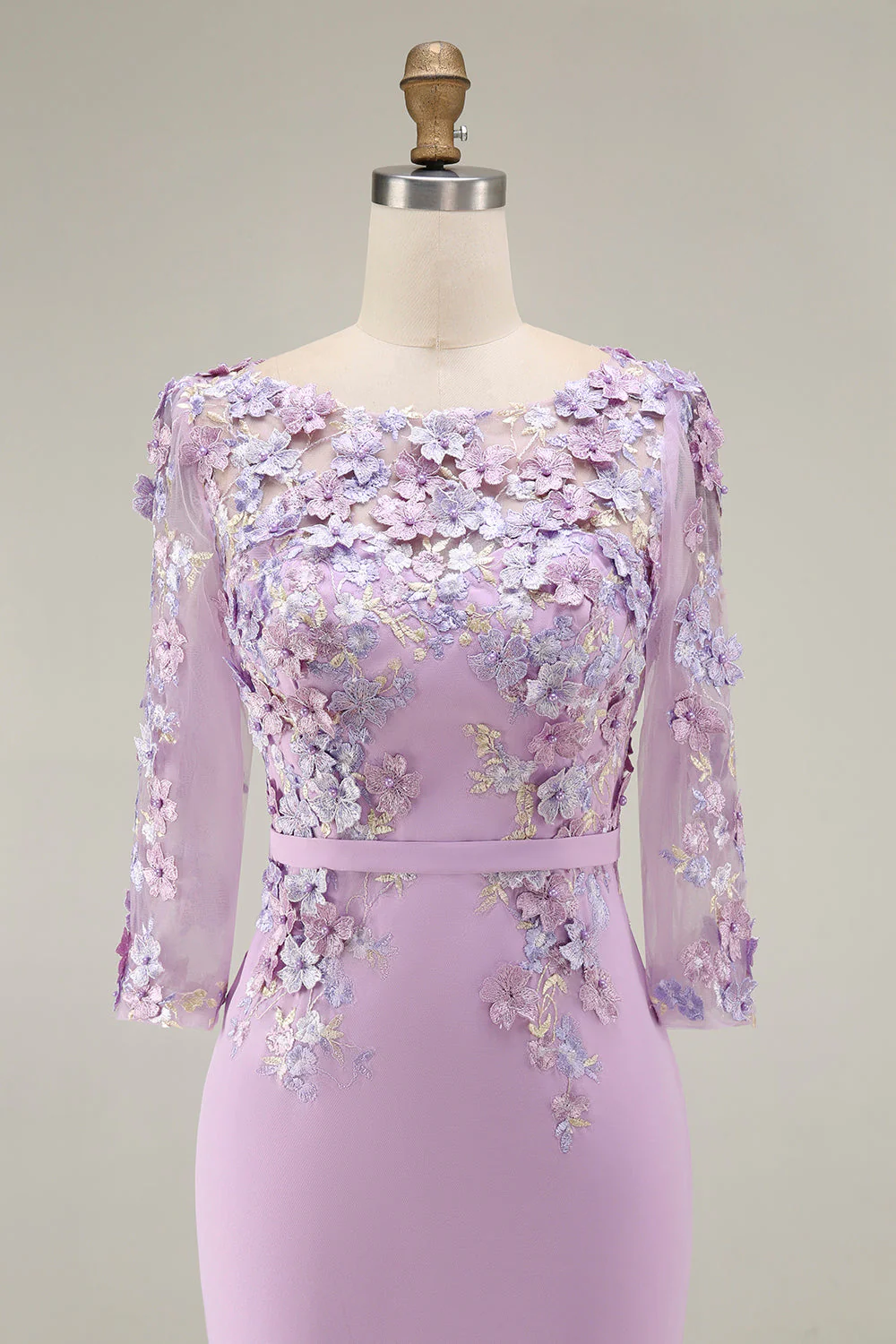Light Blue Bateau Neck Bodycon Appliqued Midi Mother of the Bride Dress with 3/4 Sleeves - Image 14