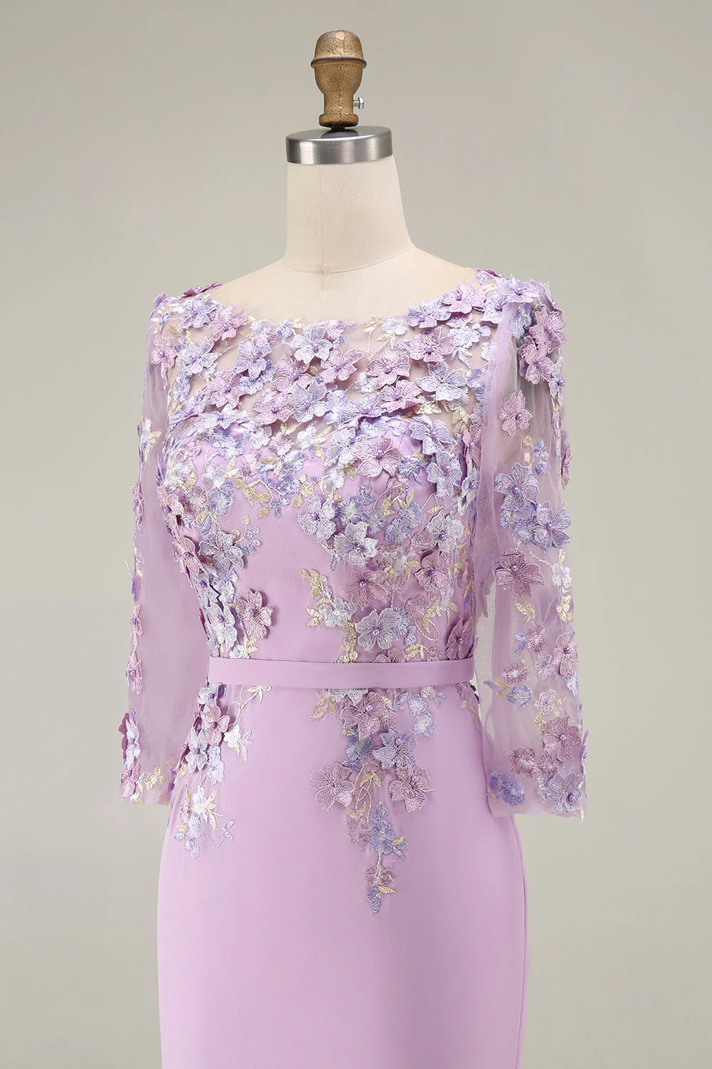 Light Blue Bateau Neck Bodycon Appliqued Midi Mother of the Bride Dress with 3/4 Sleeves - Image 16
