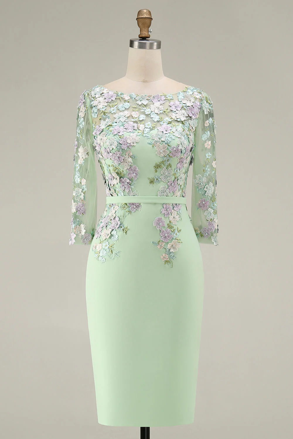 Light Blue Bateau Neck Bodycon Appliqued Midi Mother of the Bride Dress with 3/4 Sleeves - Image 19