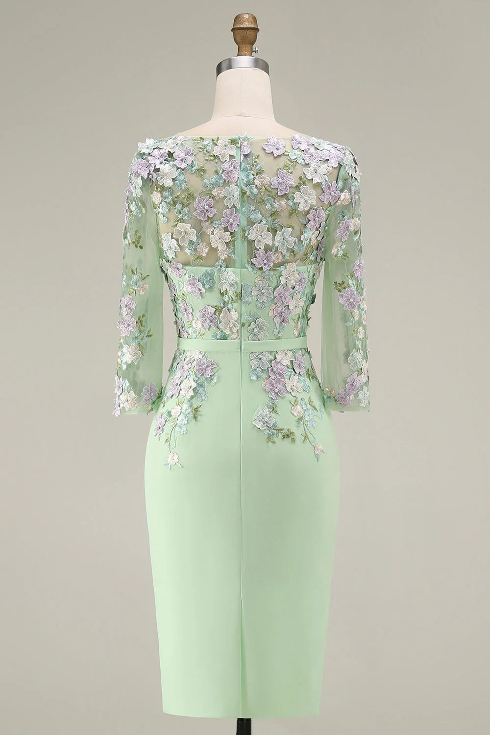 Light Blue Bateau Neck Bodycon Appliqued Midi Mother of the Bride Dress with 3/4 Sleeves - Image 20