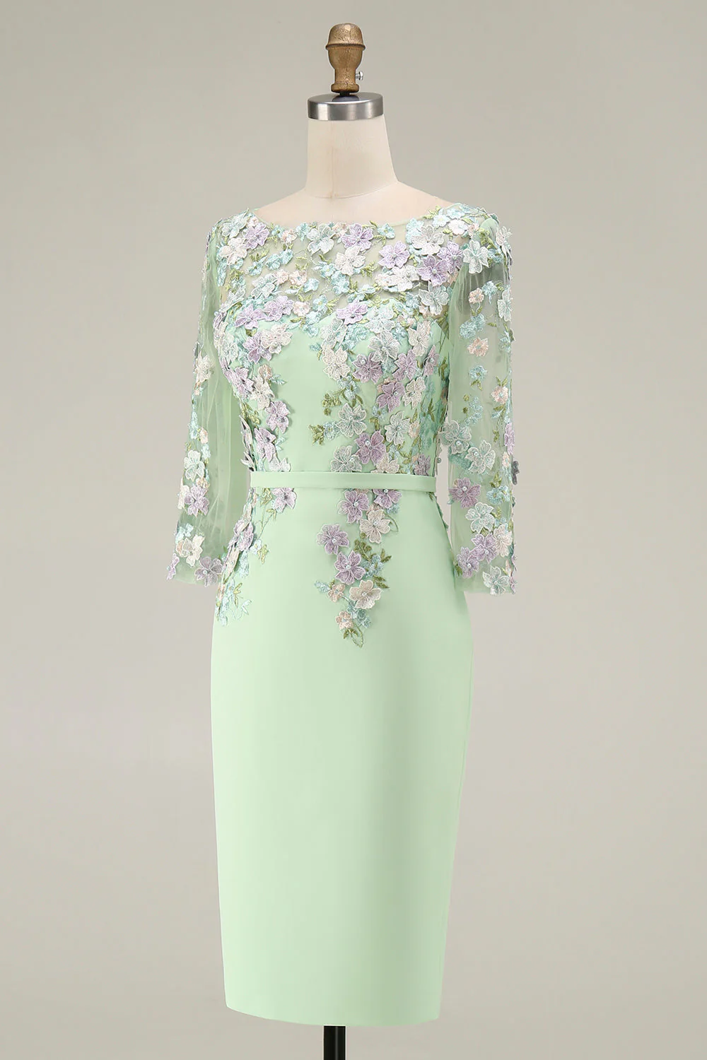 Light Blue Bateau Neck Bodycon Appliqued Midi Mother of the Bride Dress with 3/4 Sleeves - Image 21