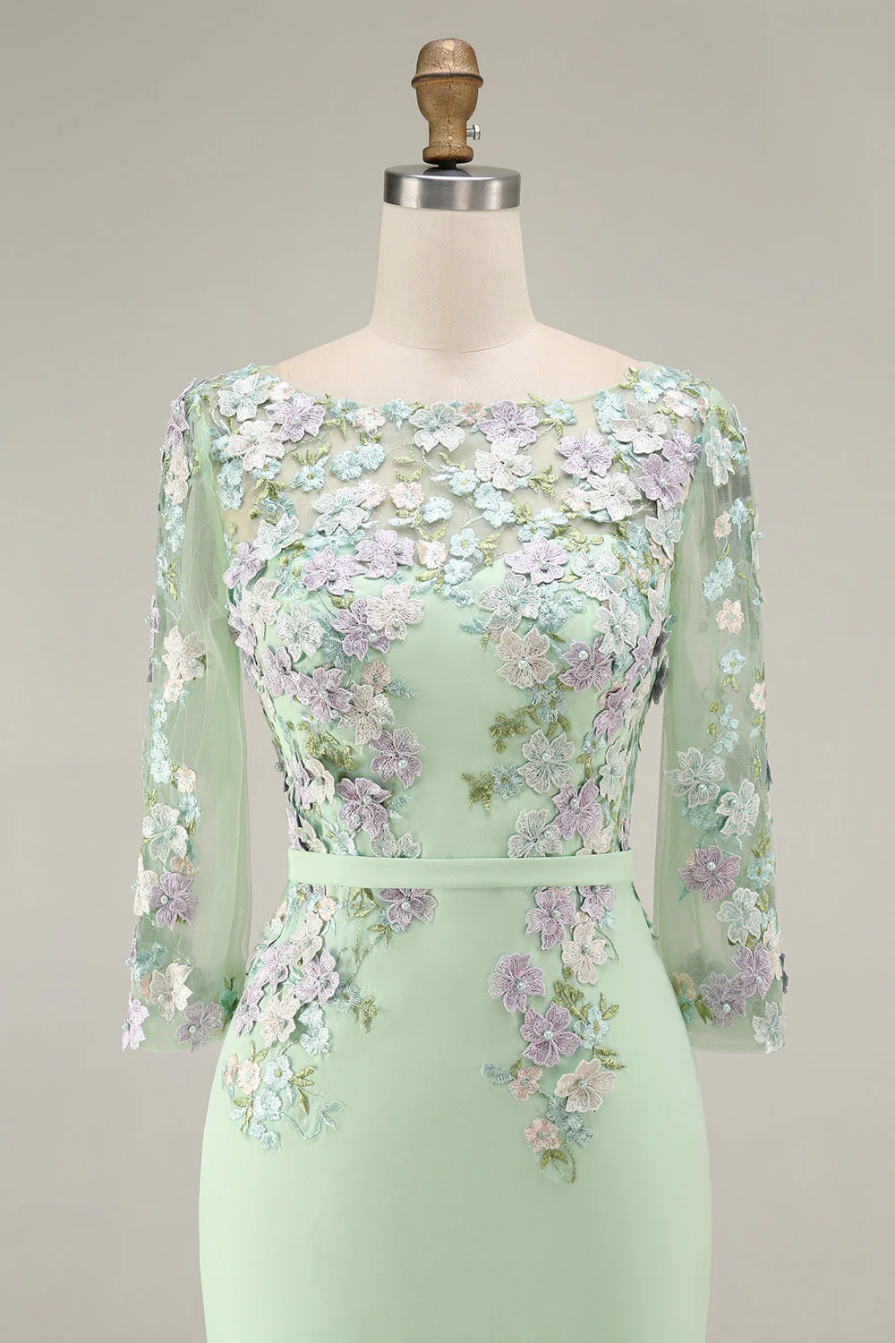 Light Blue Bateau Neck Bodycon Appliqued Midi Mother of the Bride Dress with 3/4 Sleeves - Image 22