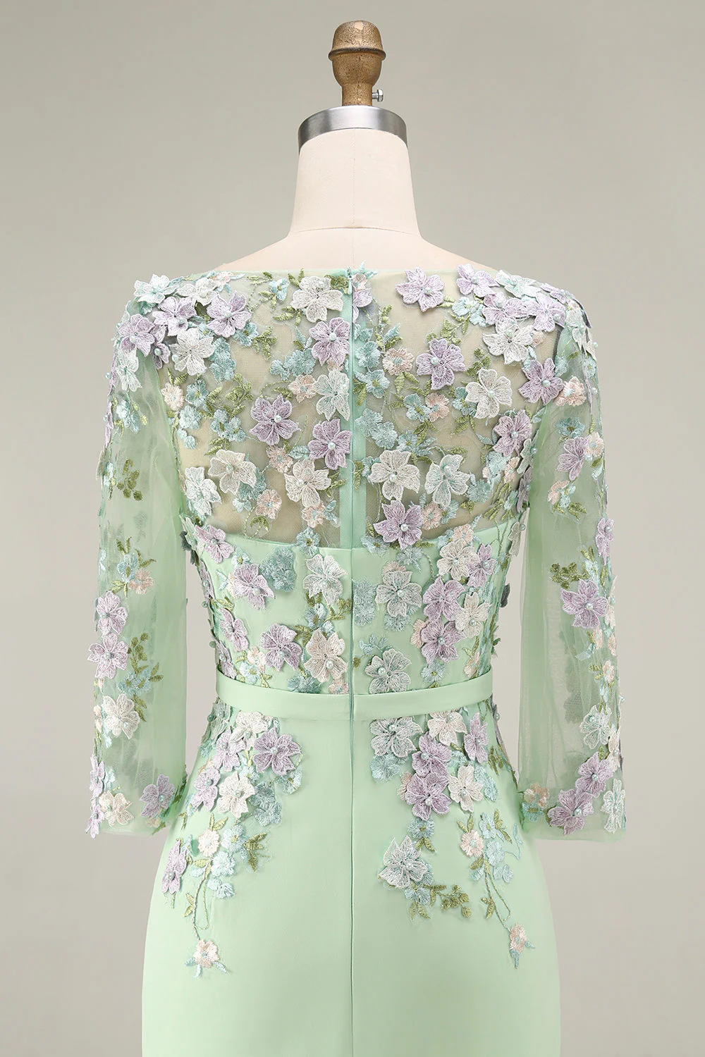 Light Blue Bateau Neck Bodycon Appliqued Midi Mother of the Bride Dress with 3/4 Sleeves - Image 23