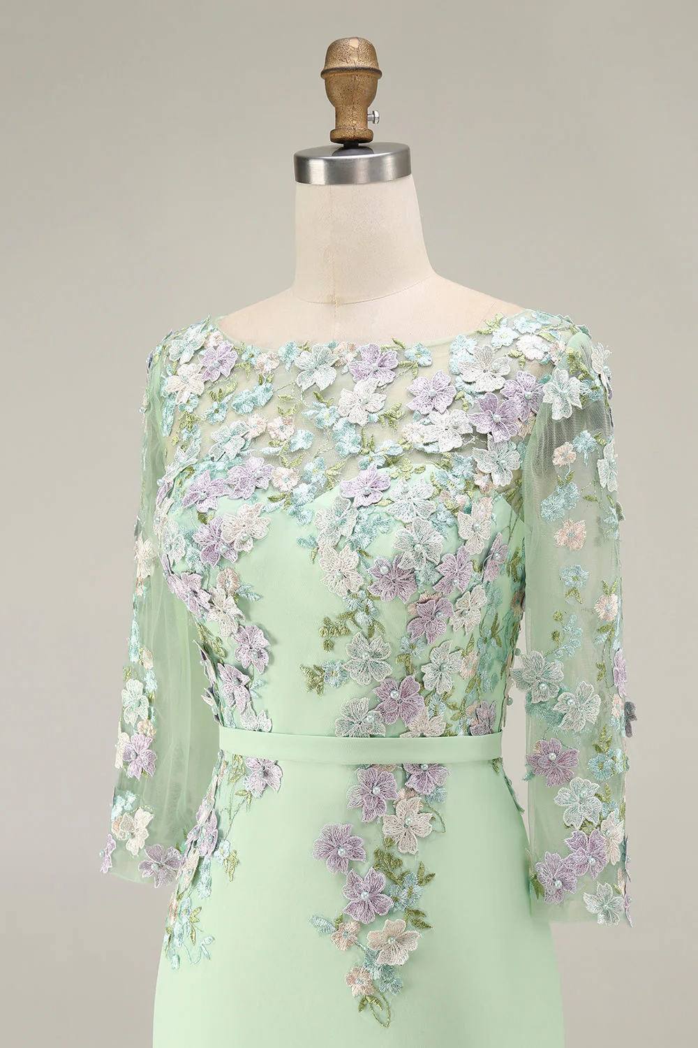 Light Blue Bateau Neck Bodycon Appliqued Midi Mother of the Bride Dress with 3/4 Sleeves - Image 24