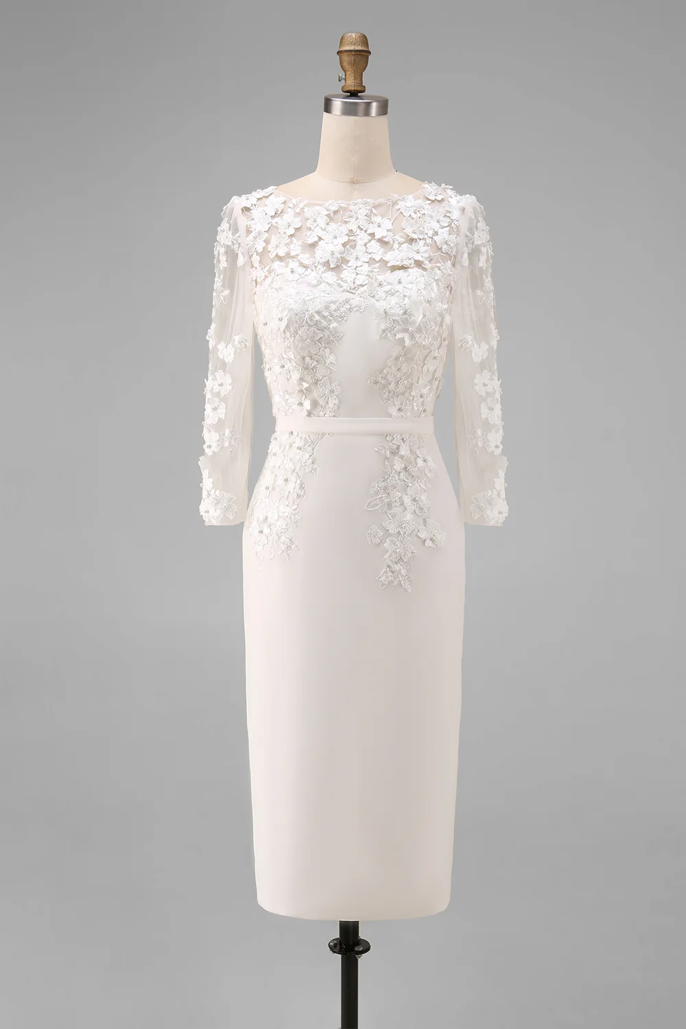 Light Blue Bateau Neck Bodycon Appliqued Midi Mother of the Bride Dress with 3/4 Sleeves - Image 25