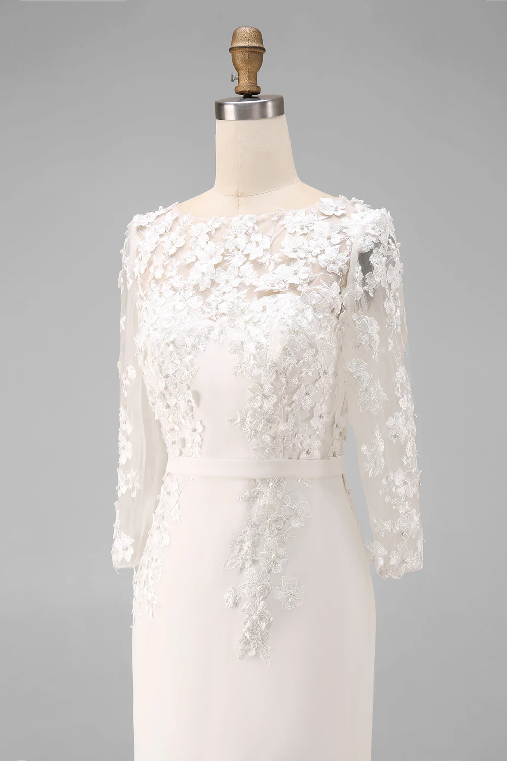 Light Blue Bateau Neck Bodycon Appliqued Midi Mother of the Bride Dress with 3/4 Sleeves - Image 27