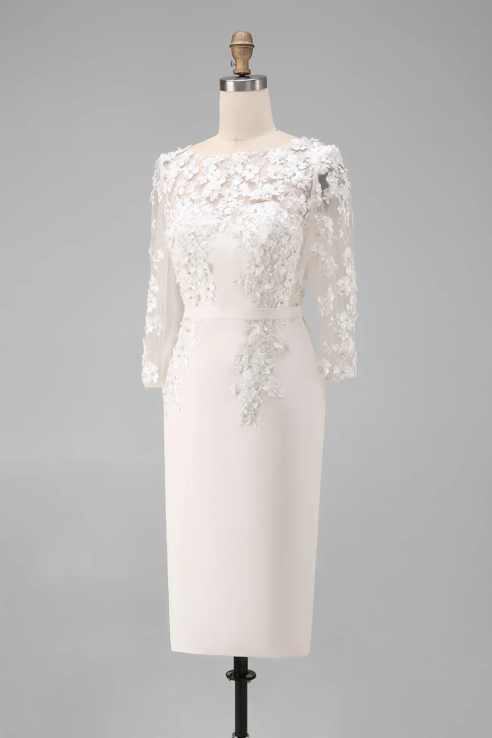 Light Blue Bateau Neck Bodycon Appliqued Midi Mother of the Bride Dress with 3/4 Sleeves - Image 28
