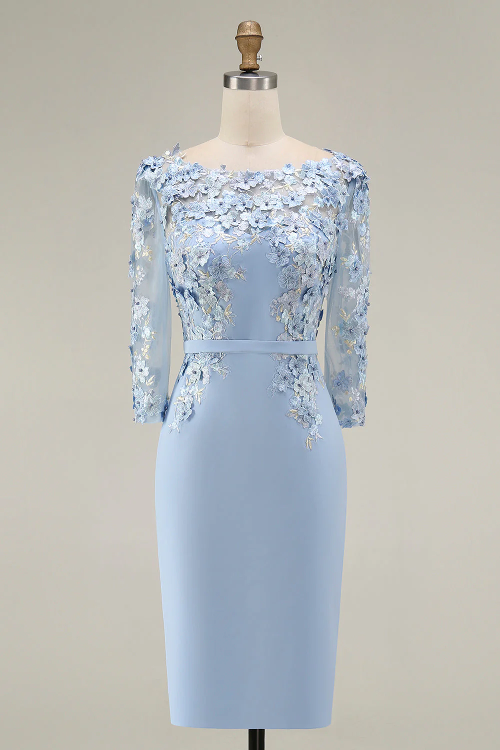 Light Blue Bateau Neck Bodycon Appliqued Midi Mother of the Bride Dress with 3/4 Sleeves - Image 3