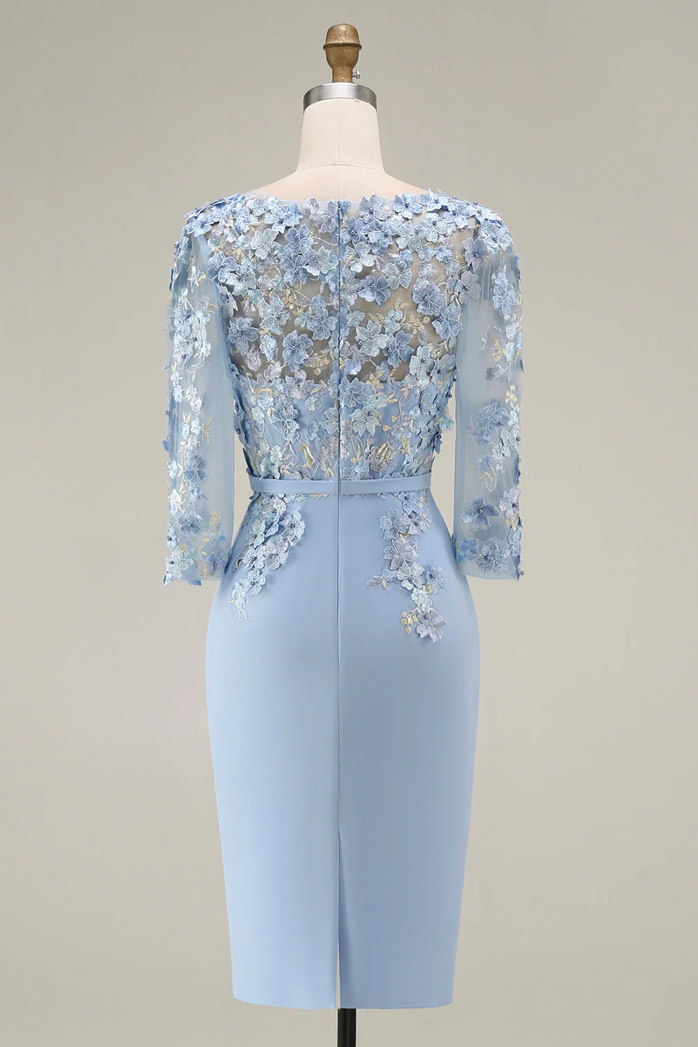 Light Blue Bateau Neck Bodycon Appliqued Midi Mother of the Bride Dress with 3/4 Sleeves - Image 4