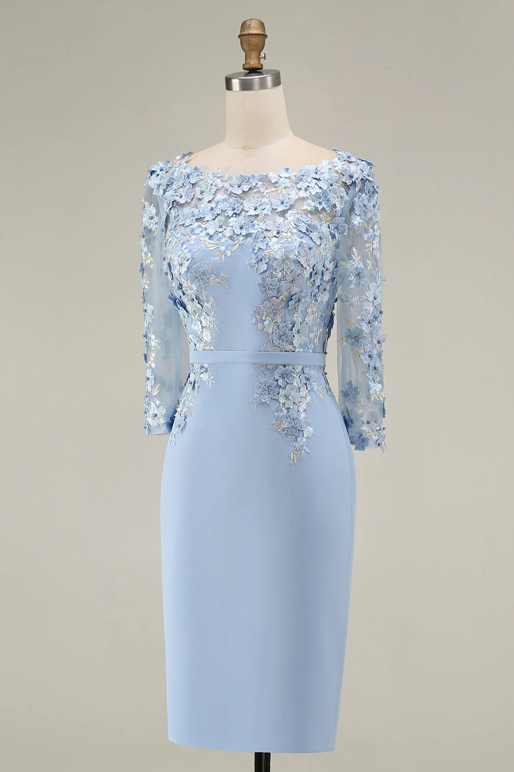 Light Blue Bateau Neck Bodycon Appliqued Midi Mother of the Bride Dress with 3/4 Sleeves - Image 5