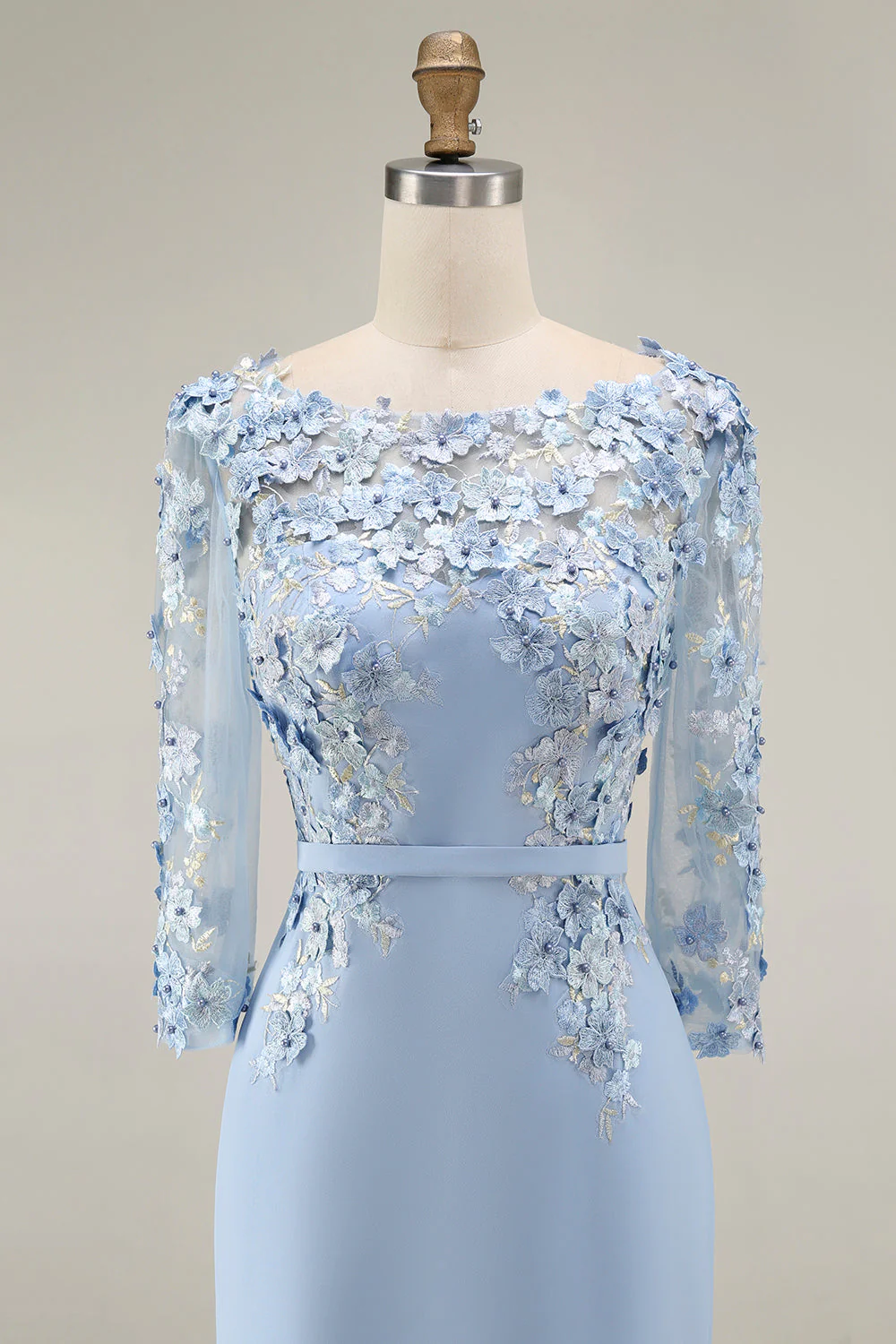 Light Blue Bateau Neck Bodycon Appliqued Midi Mother of the Bride Dress with 3/4 Sleeves - Image 6