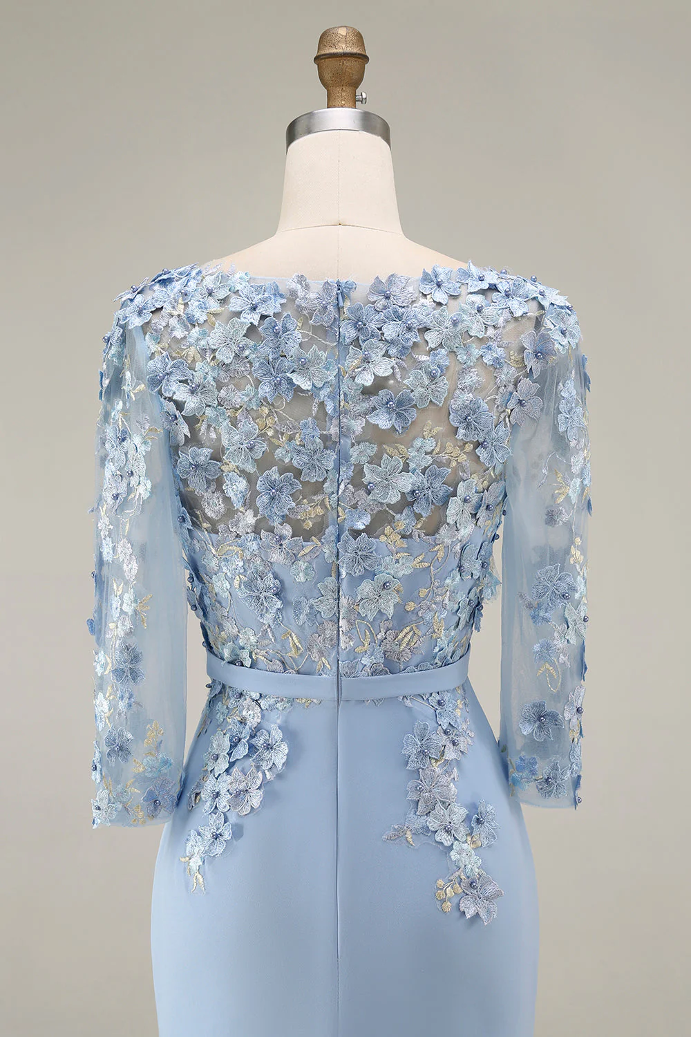 Light Blue Bateau Neck Bodycon Appliqued Midi Mother of the Bride Dress with 3/4 Sleeves - Image 7