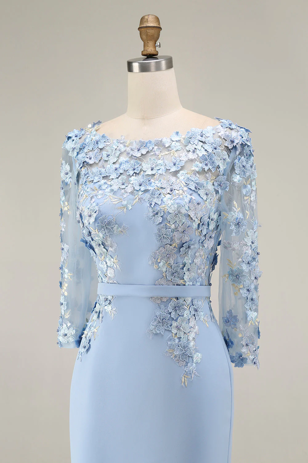 Light Blue Bateau Neck Bodycon Appliqued Midi Mother of the Bride Dress with 3/4 Sleeves - Image 8