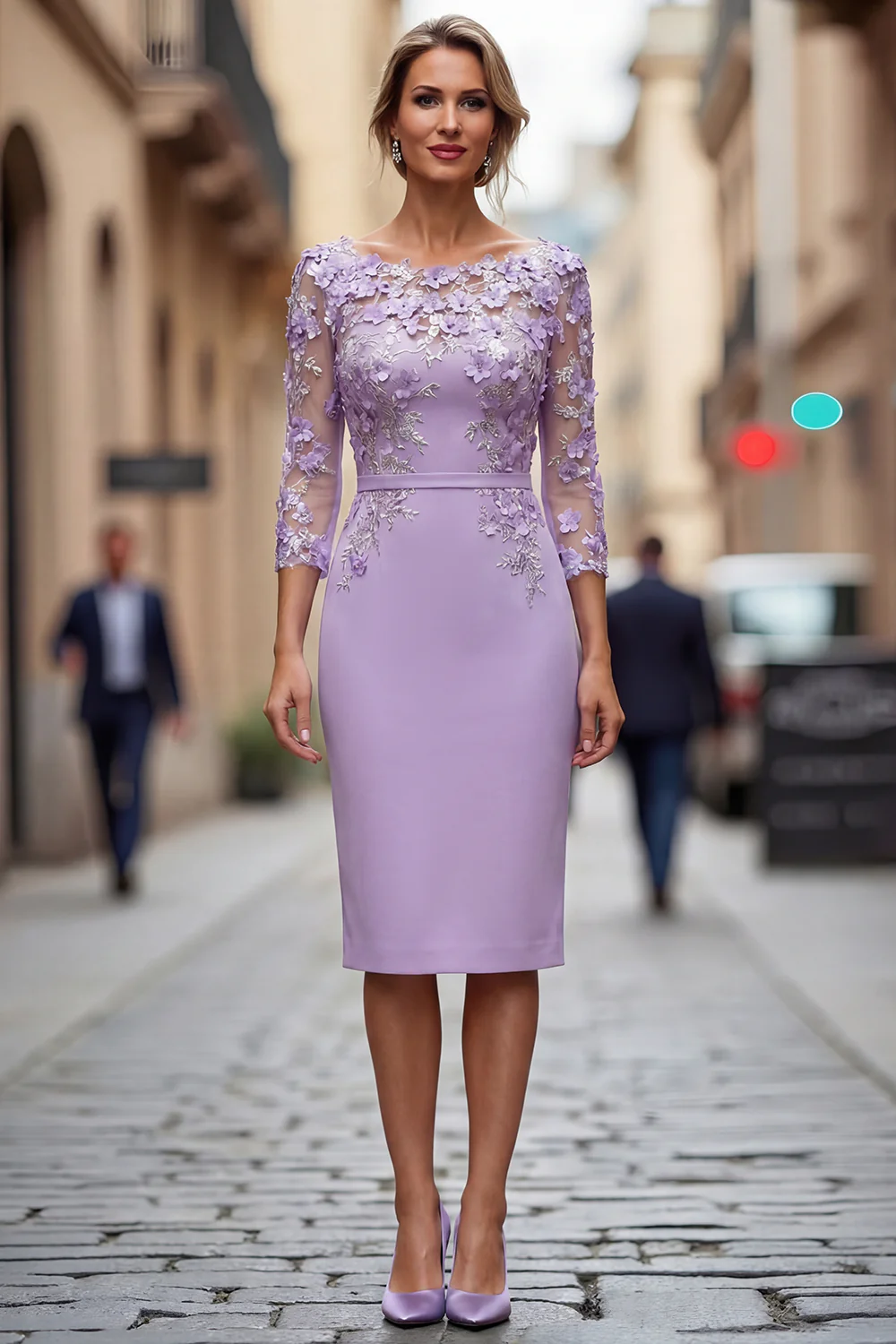 Light Blue Bateau Neck Bodycon Appliqued Midi Mother of the Bride Dress with 3/4 Sleeves - Image 9