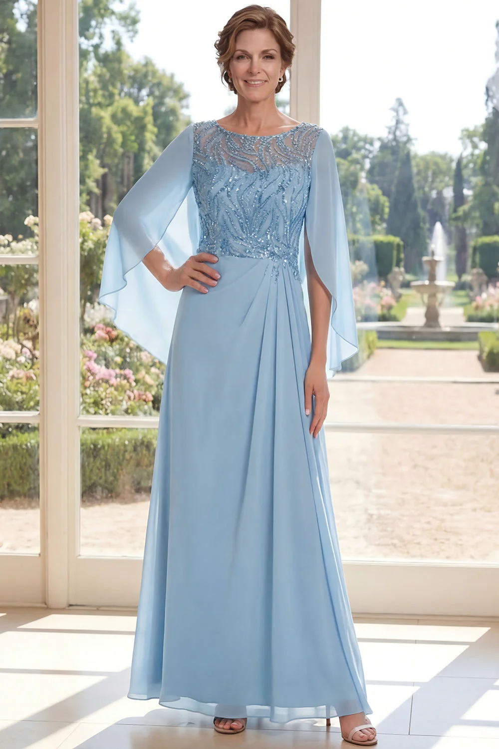 Light Blue Chiffon Sheath Long Mother Of the Bride Dress with Sequins