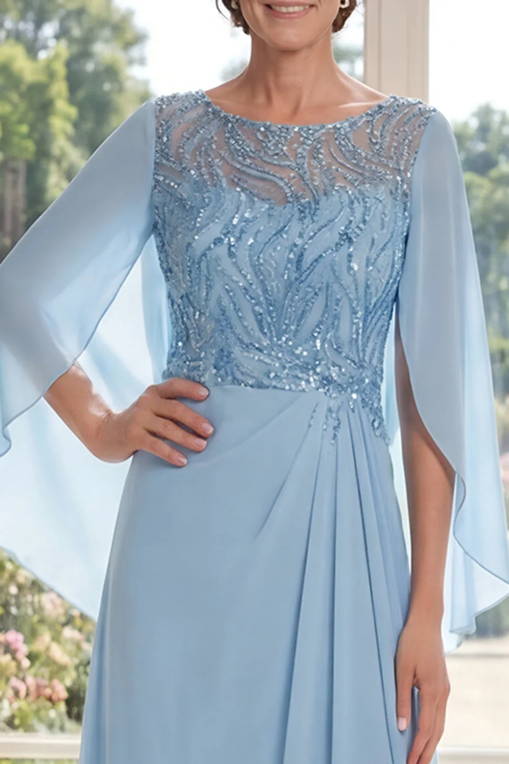 Light Blue Chiffon Sheath Long Mother Of the Bride Dress with Sequins - Image 3