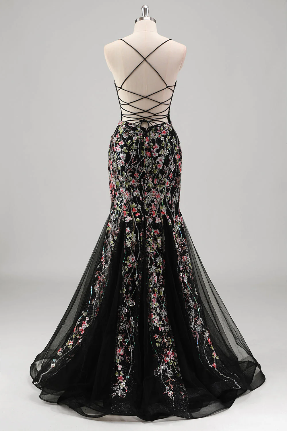 Light Blue Floral Beaded Mermaid Spaghetti Straps Tulle Prom Dress - Image 10