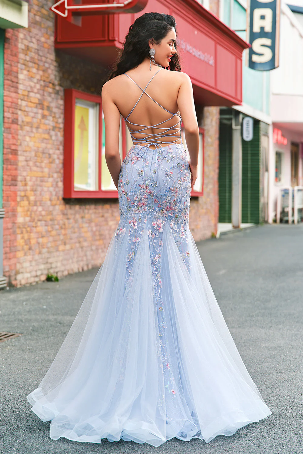 Light Blue Floral Beaded Mermaid Spaghetti Straps Tulle Prom Dress - Image 2