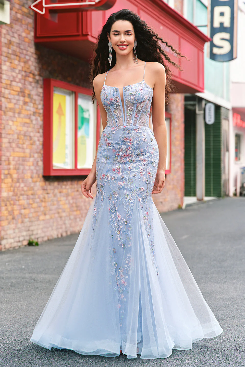 Light Blue Floral Beaded Mermaid Spaghetti Straps Tulle Prom Dress - Image 5
