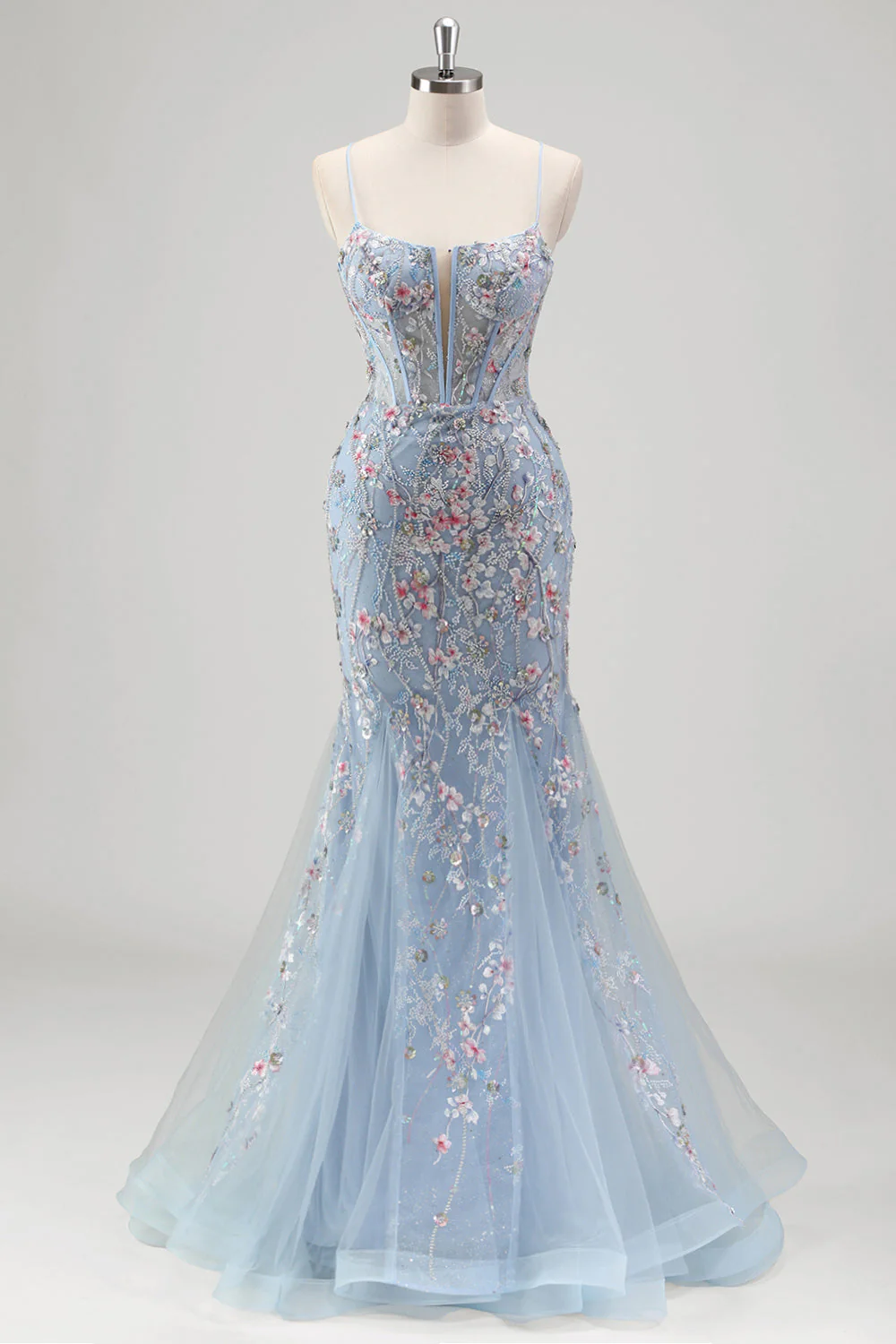 Light Blue Floral Beaded Mermaid Spaghetti Straps Tulle Prom Dress - Image 7