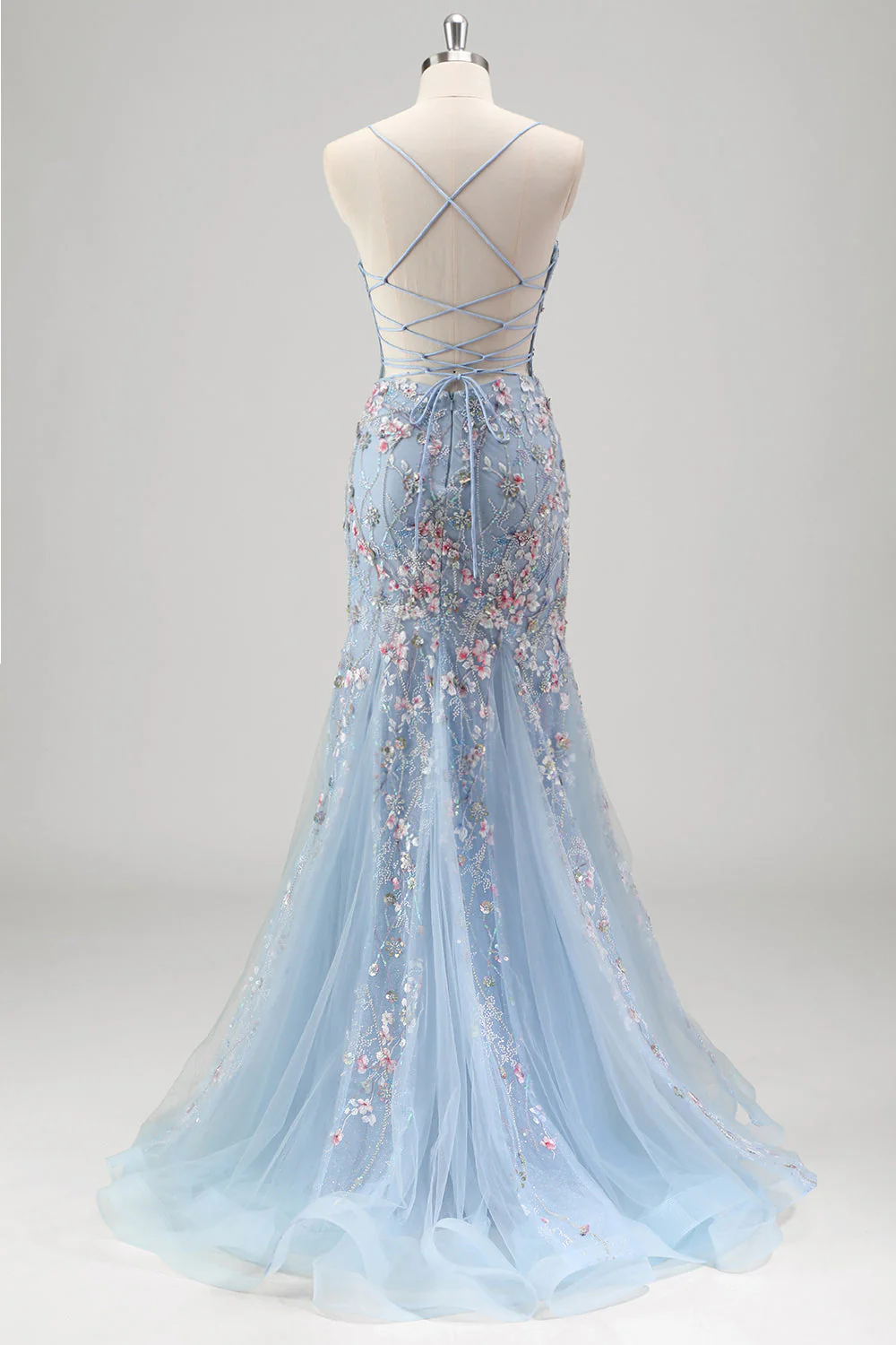 Light Blue Floral Beaded Mermaid Spaghetti Straps Tulle Prom Dress - Image 8