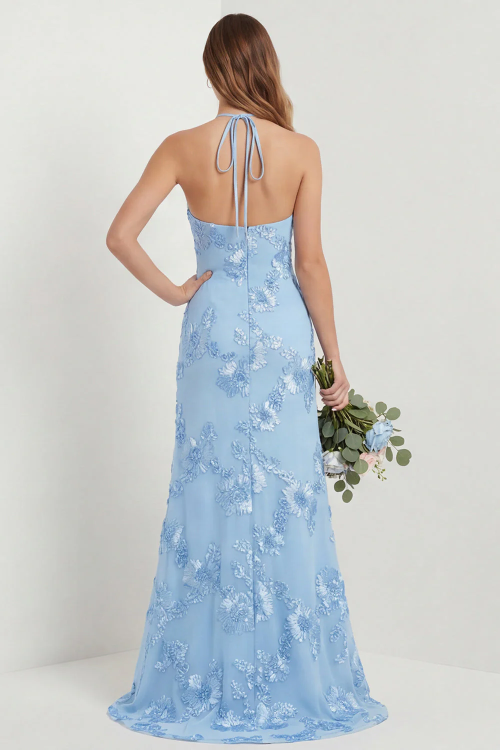 Light Blue Halter Sheath Embroidered Long Bridesmaid Dress with Slit - Image 2