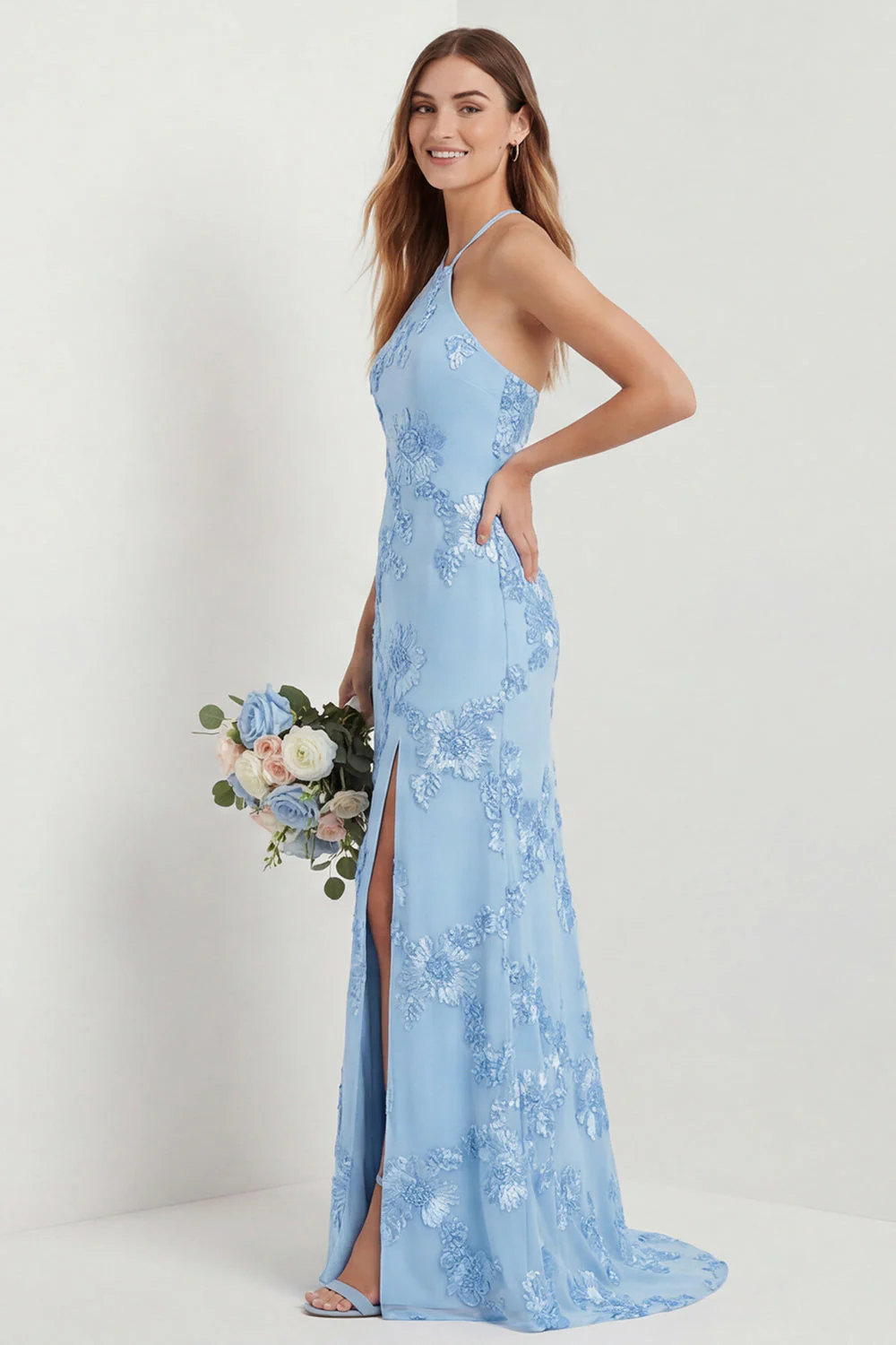 Light Blue Halter Sheath Embroidered Long Bridesmaid Dress with Slit - Image 3