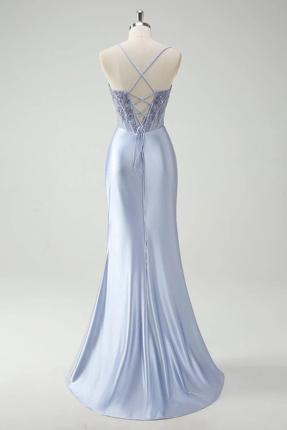 Light Blue Mermaid Ruched Long Prom Dress with Appliqued Beading - Image 2