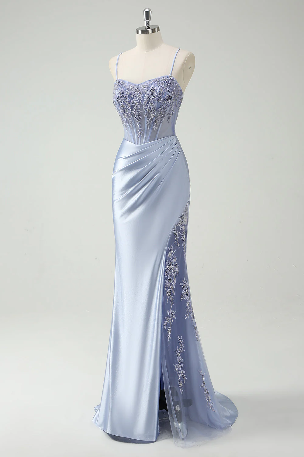 Light Blue Mermaid Ruched Long Prom Dress with Appliqued Beading - Image 3
