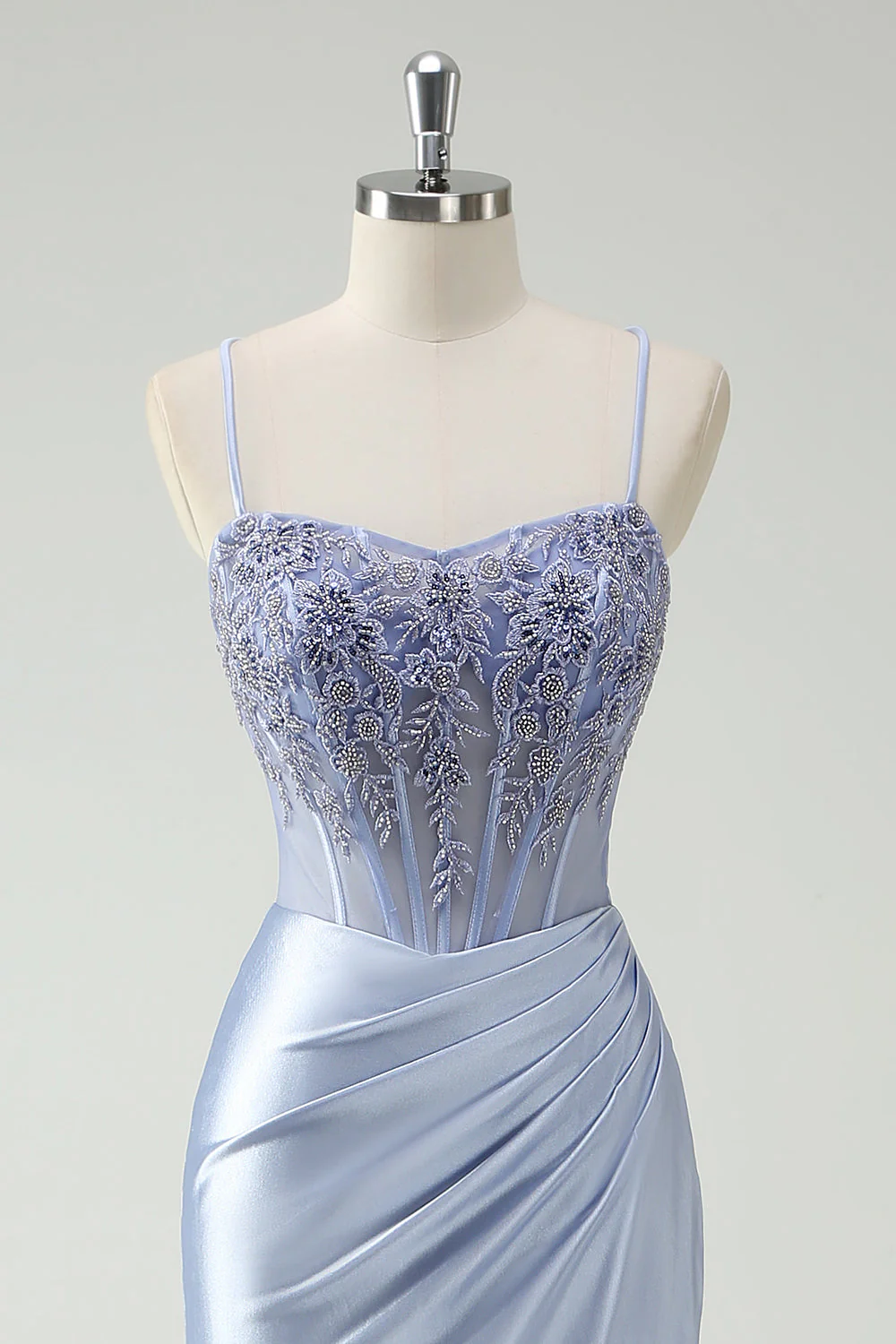 Light Blue Mermaid Ruched Long Prom Dress with Appliqued Beading - Image 4